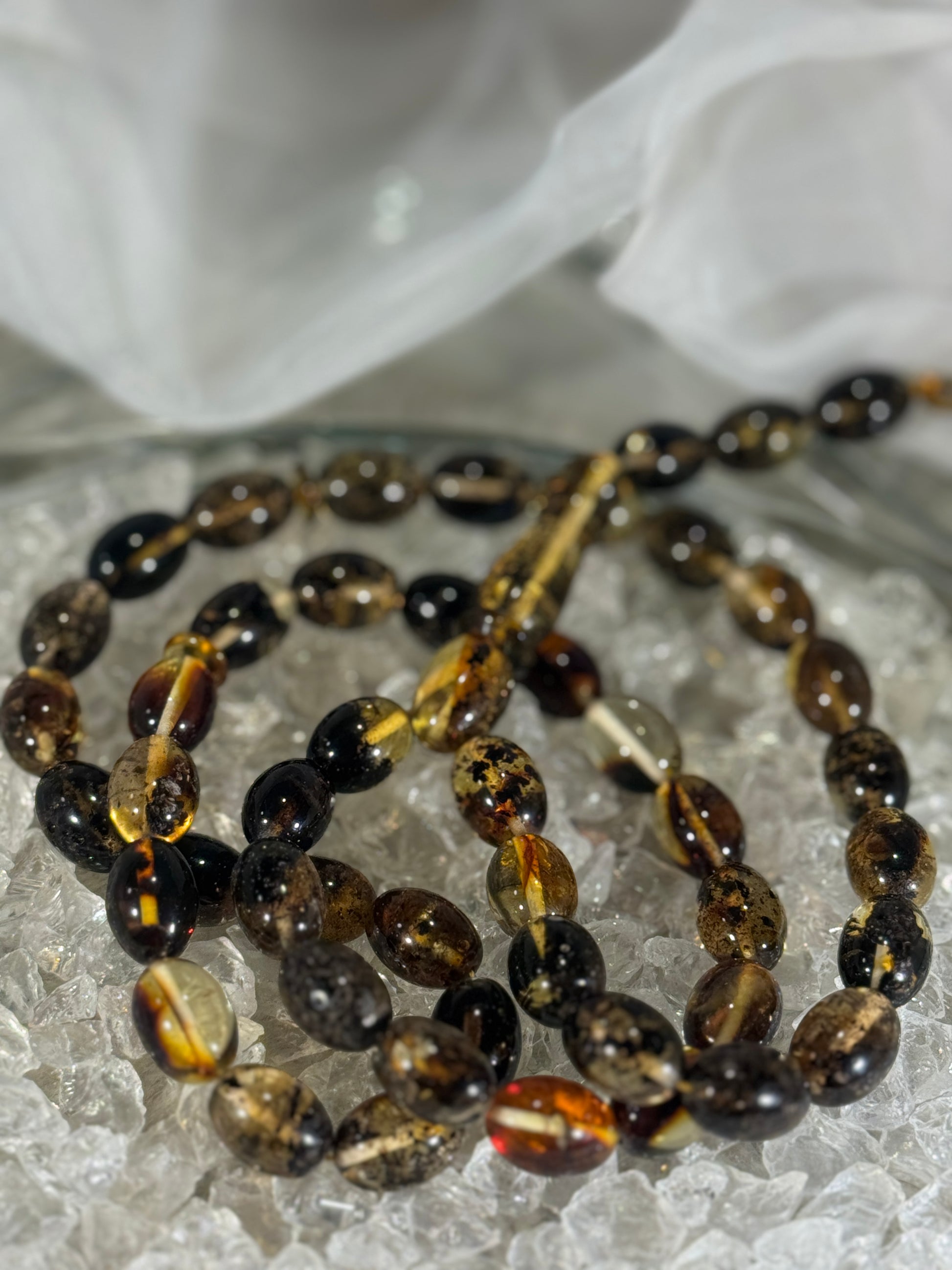 Baltic amber prayer beads with silk tassel – luxury Islamic gift misbaha, perfect for Ramadan, Eid, and special occasions.